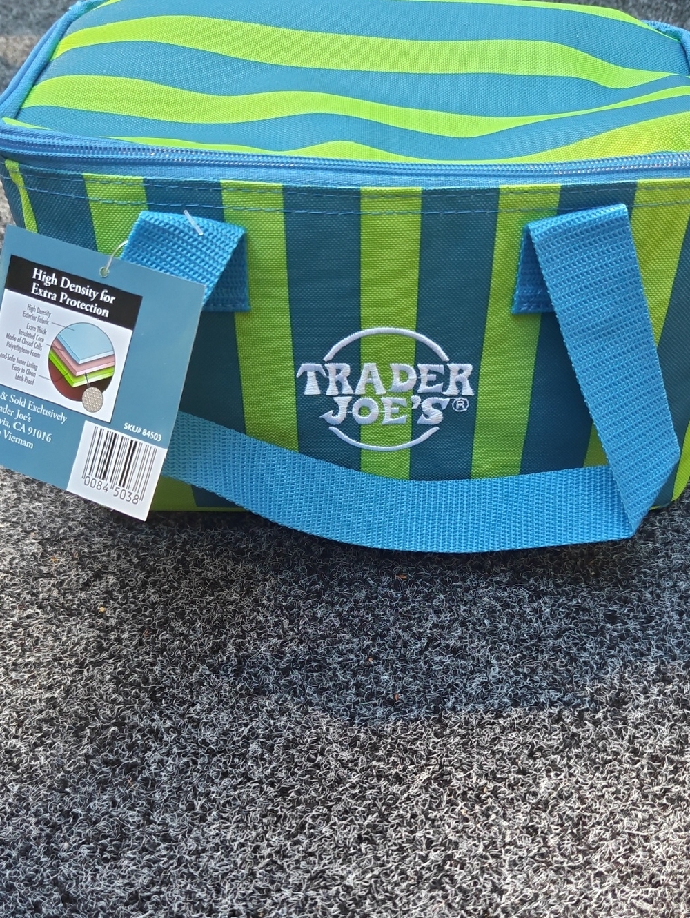 Trader Joe's Blue and Lime Green Striped Insulated Lunch Tote